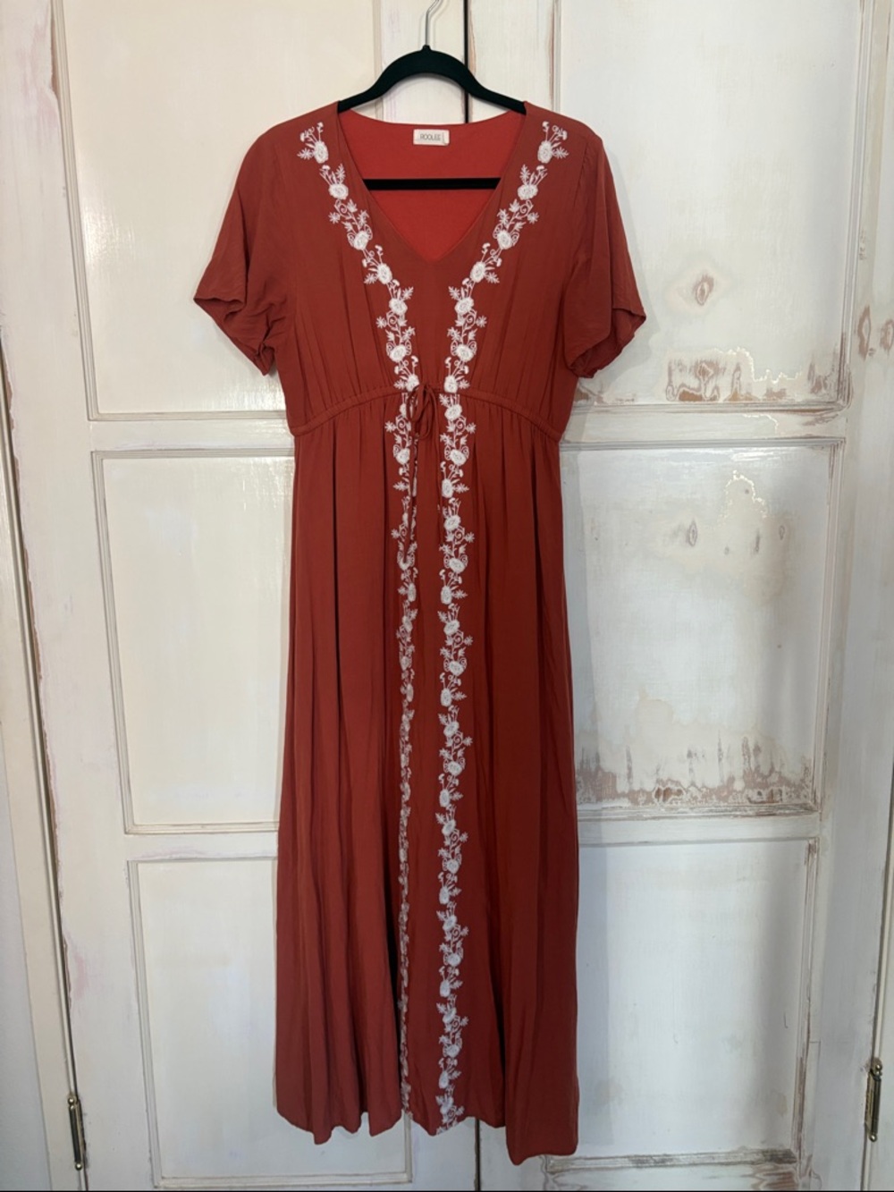Roolee Rust Maxi Dress with White Floral Embroidery